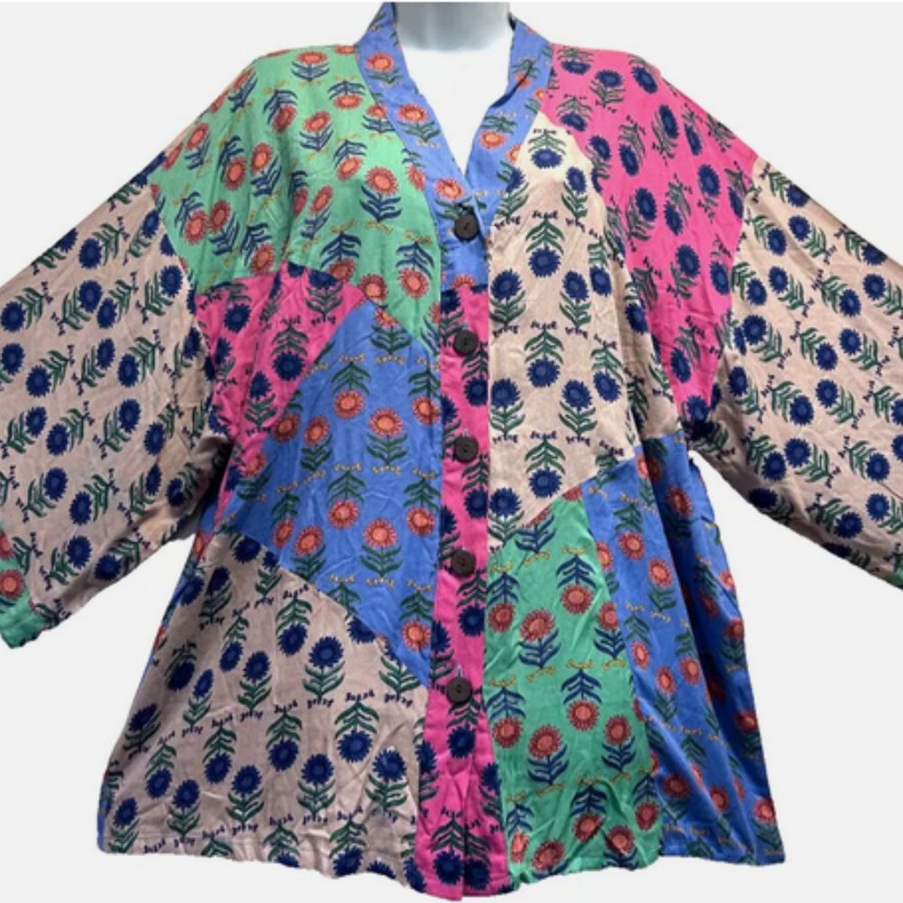 SACRED THREADS gypsy hippy patch floral rayon kimono TOP TUNIC 3X
